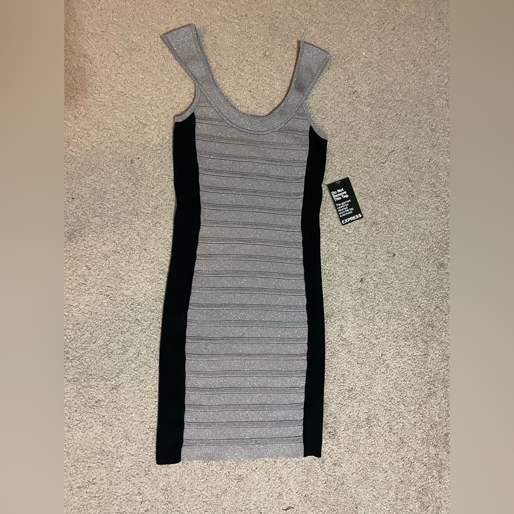 Express Shimmery Grey and black Body-con mini dress size x small NWT